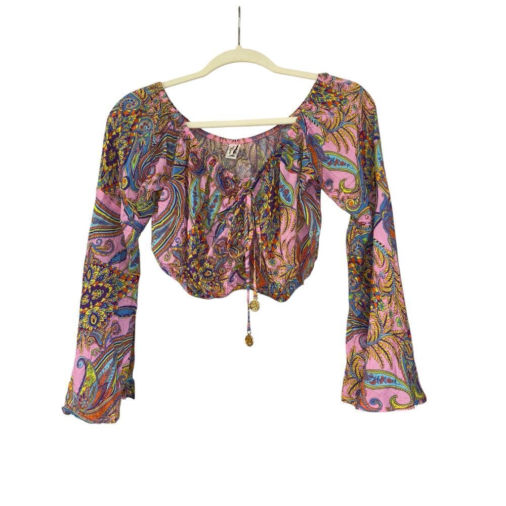 Luli Fama Bell Flounce Sleeve Milk Maid Crop Top Women’s M Renaissance Fairy